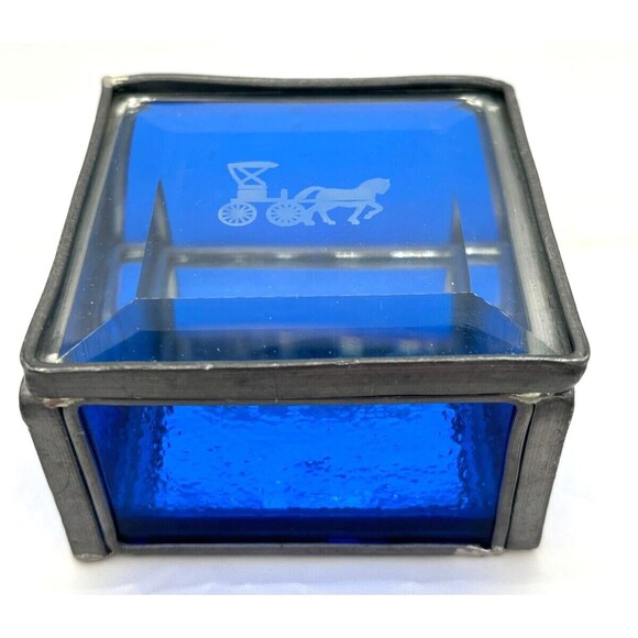Stained Glass Trinket Box Cobalt Blue Mirrored Bottom Etched Stage Coach Hinged‎ - Picture 1 of 16